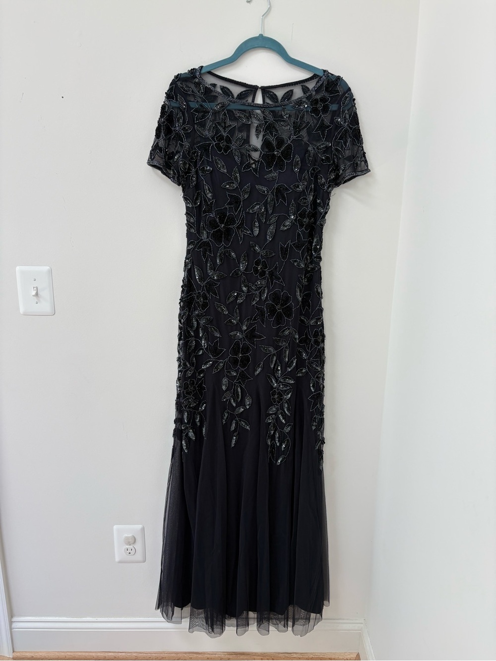 Adrianna Papell Black & Navy Beaded Floral Maxi Dress